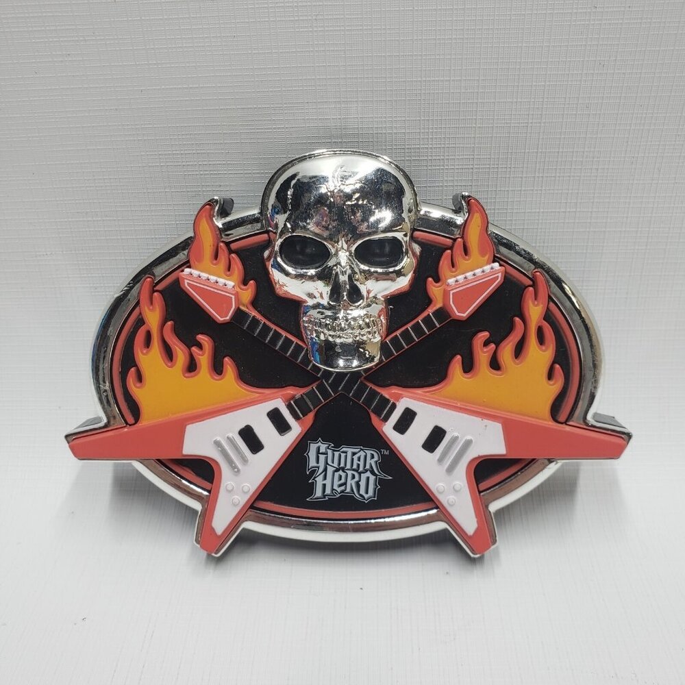 Plastic Guitar Hero Belt Buckle With Skull & Flames Air Guitar Rocker 2007